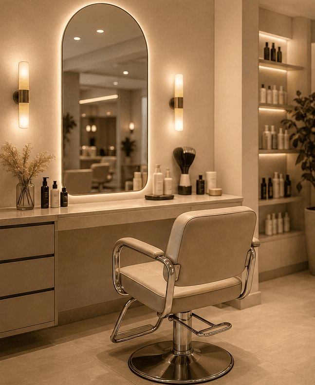 Silla y espejo de salon de belleza